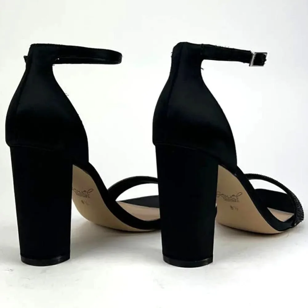 New Jewel Badgley Mischka Women Shoes Black Satin Block Heel Open Sandals US 8.5